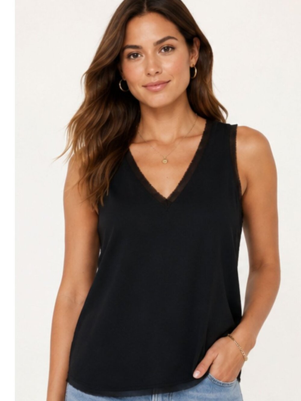 NWT Halogen Black Raw Edge V-Neck Sleeveless Tank Top Size Small